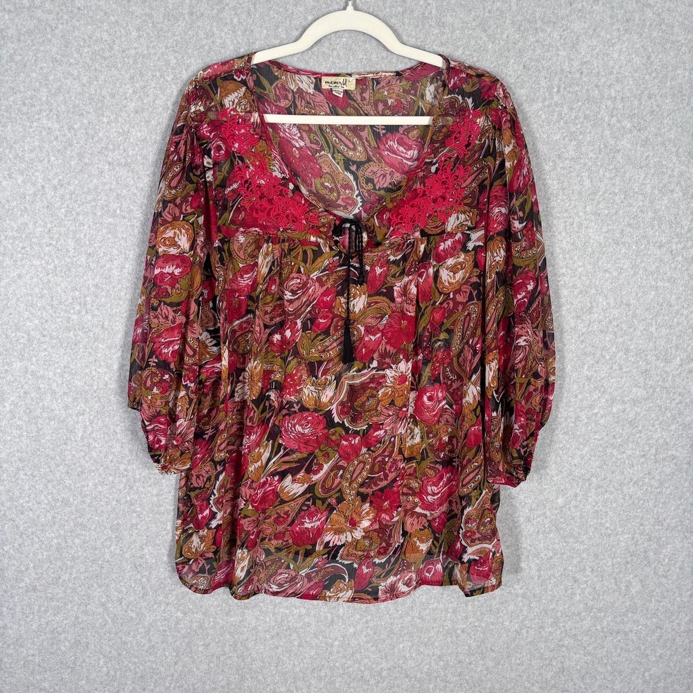 OneWorld Sheer Fairy Grunge Blouse Large Paisley Lace Crochet Peasant Cottage
